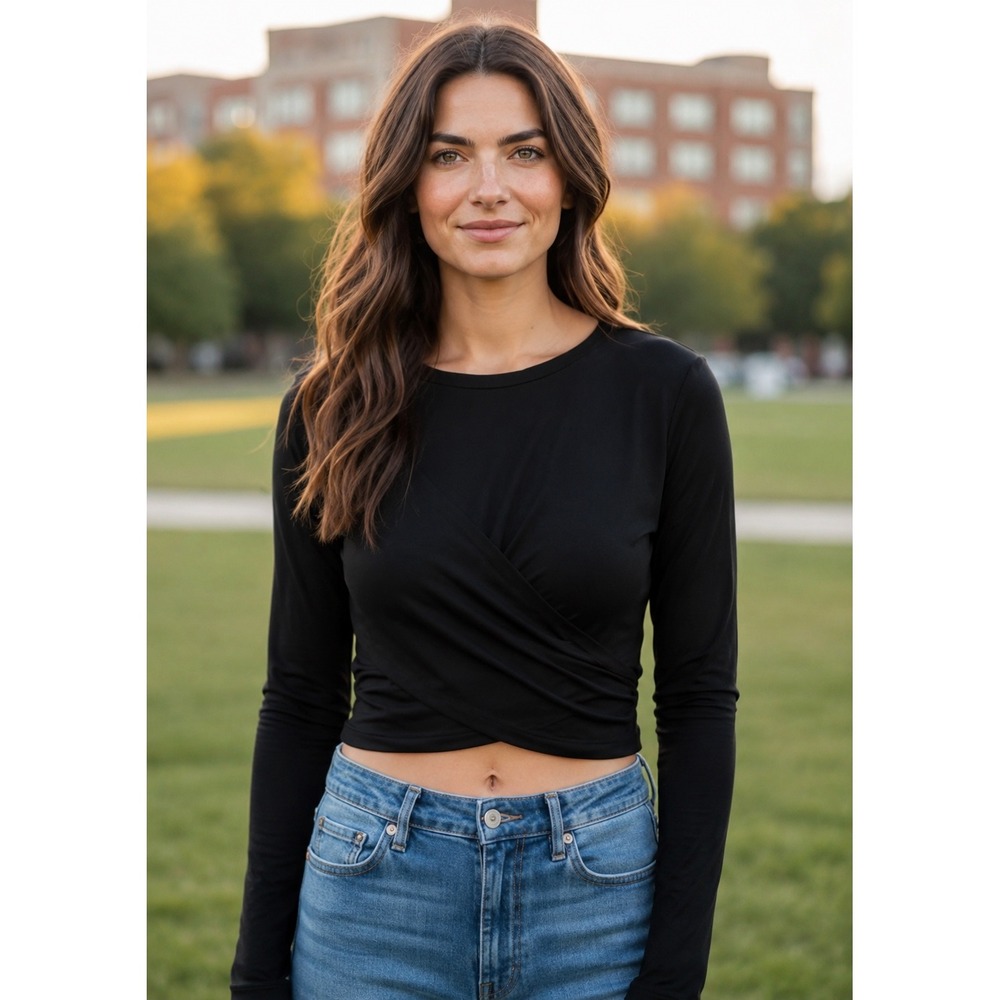 Spanx AirEssentials Black Long Sleeve Wrap Front Crop Top Medium